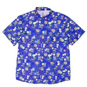 Buc-ees Mens XL Blue Hawaiian Shirt Beaver Surfboard Drink Tropical Button Down